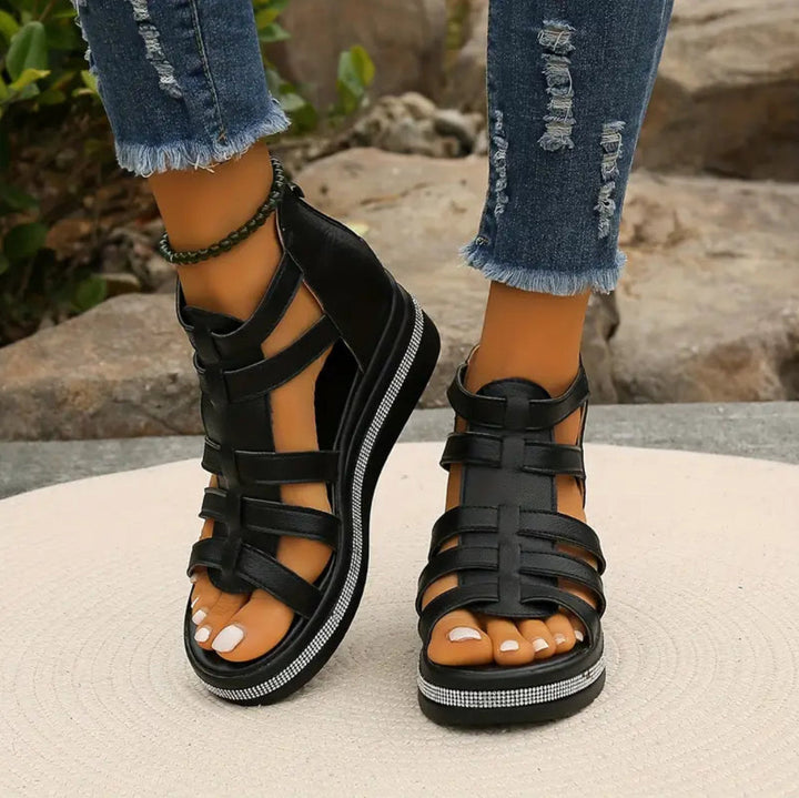 Women's summer wedge sandals with elegant rhinestone straps, offering comfort and style.