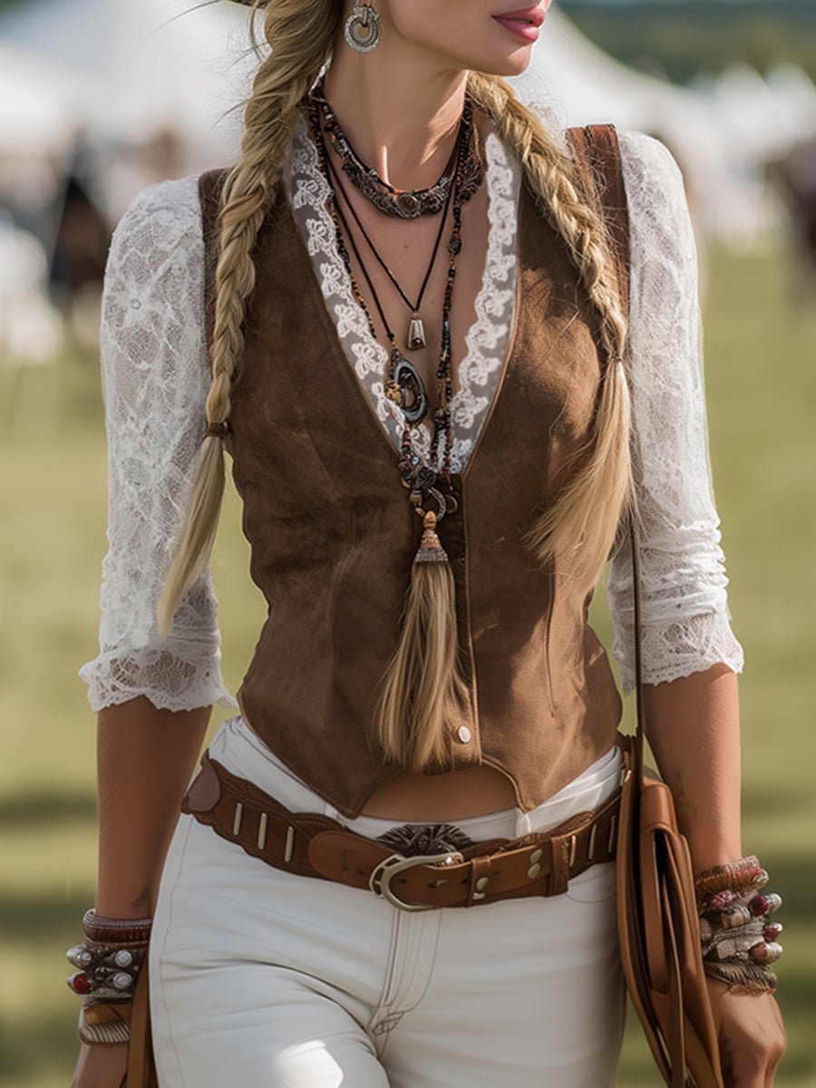 Elegant women's western lace blouse with V-neck & long sleeves. Perfect for country charm or a rustic chic look.