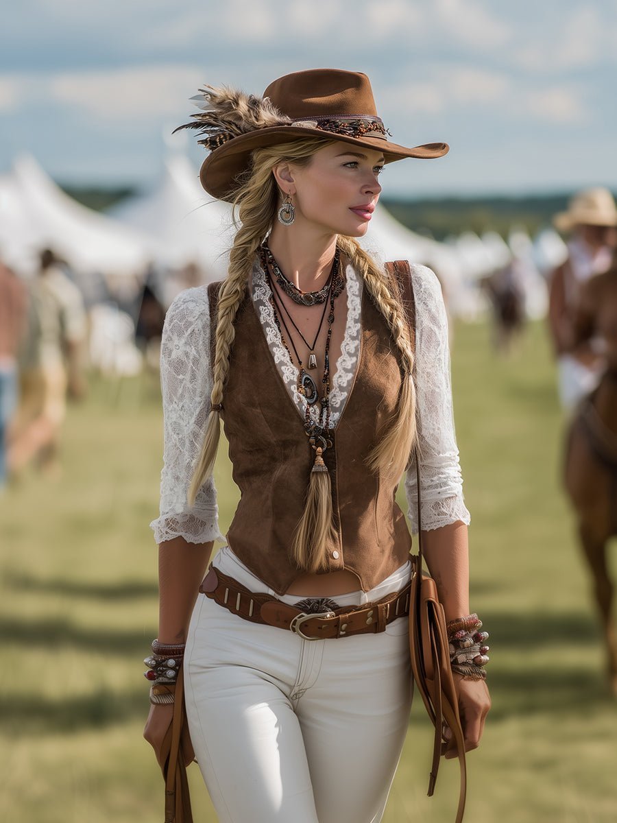 Detailed women's western lace blouse. V-neck, long sleeves, & snap button front. Unique design for rustic chic fashion.