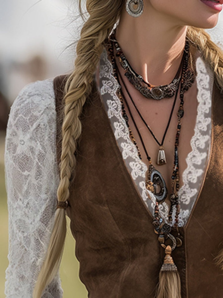 Fitted women's lace V-neck top with long sleeves. This elegant western blouse offers country charm & a unique design.