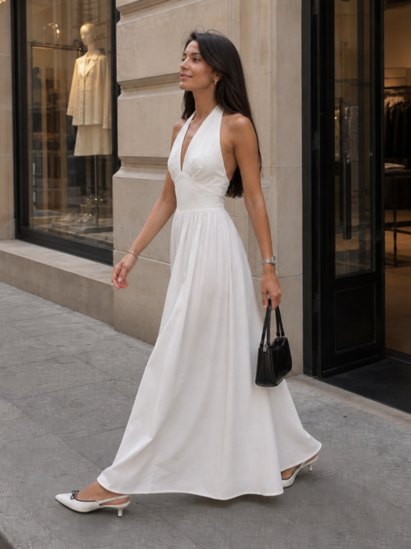 Stunning women's white halter neck midi dress, sleeveless and designed for a flattering, elegant fit.