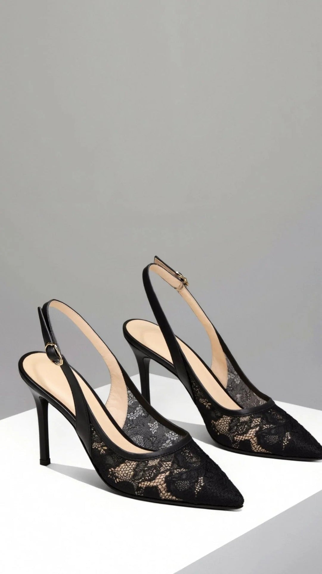 Sophisticated women's elegant lace slingback pointed toe heels, a chic choice for formal evening and party wear.