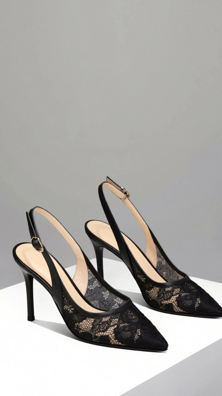 Sophisticated women's elegant lace slingback pointed toe heels, a chic choice for formal evening and party wear.