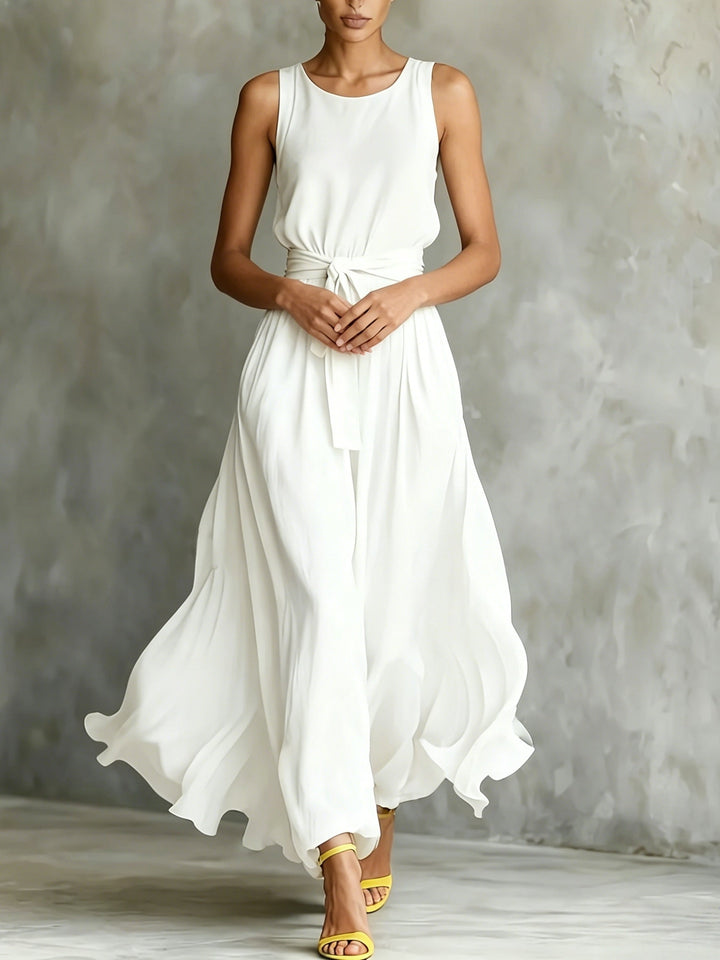 Elegant women's white sleeveless A-line maxi dress, perfect for summer vacations or casual wear.