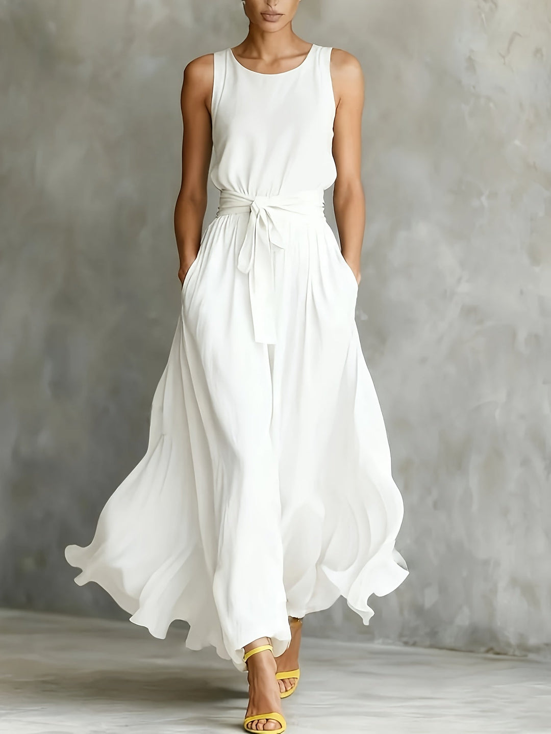 Women's white A-line maxi dress with elegant sleeveless design and flattering belted waist for summer fashion.