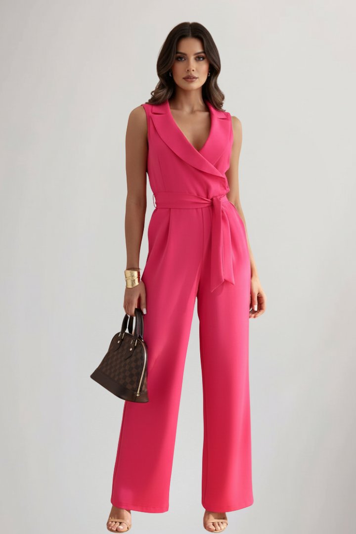 Elegant women's wide-leg blazer jumpsuit with stylish tie-waist, perfect for formal events or workwear.