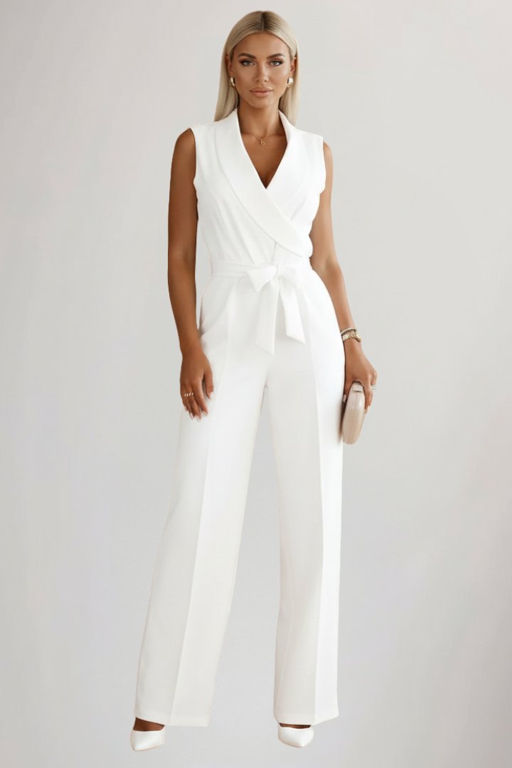 Stylish women's tailored wide-leg jumpsuit with blazer collar and tie-waist, available in white, black, beige.