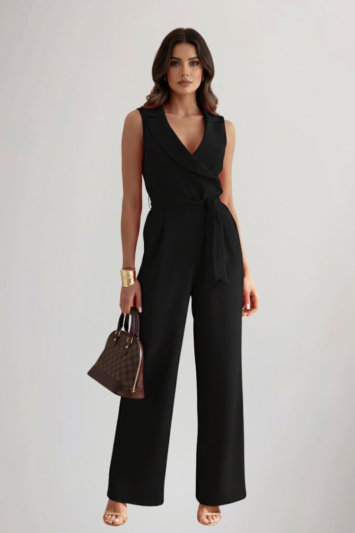 Versatile women's wide-leg jumpsuit in a blazer style with a chic tie-waist, suitable for office or parties.