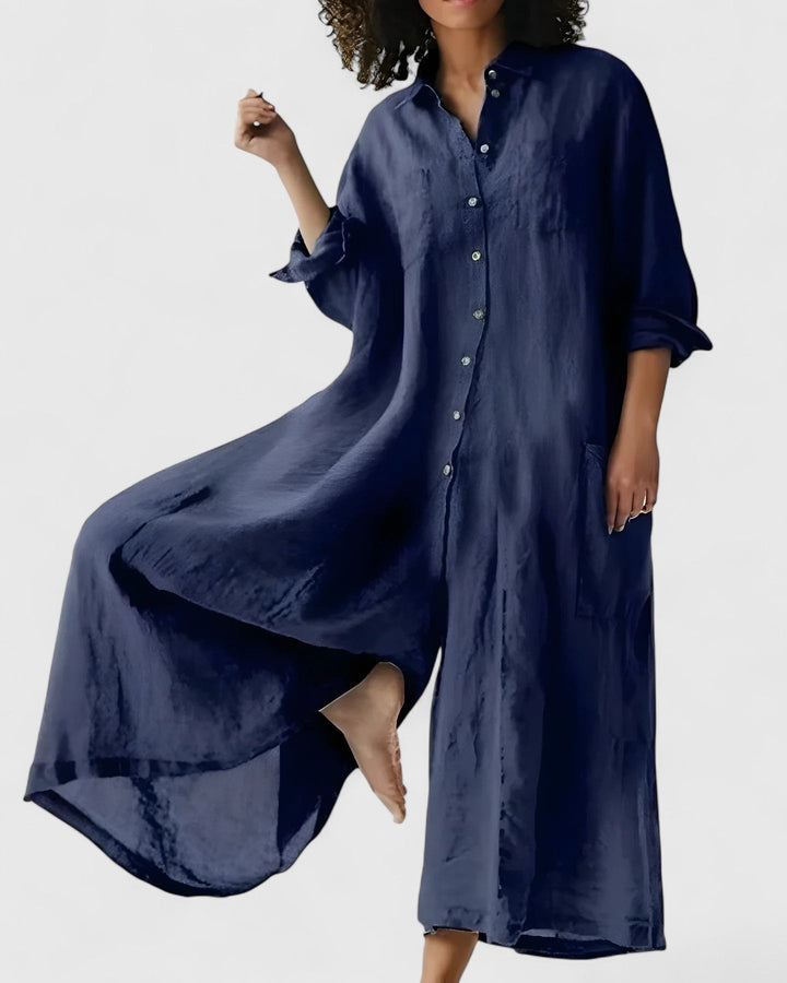 Elegant women's wide-leg jumpsuit dress, perfect for comfortable and stylish summer fashion. Effortless one-piece design.
