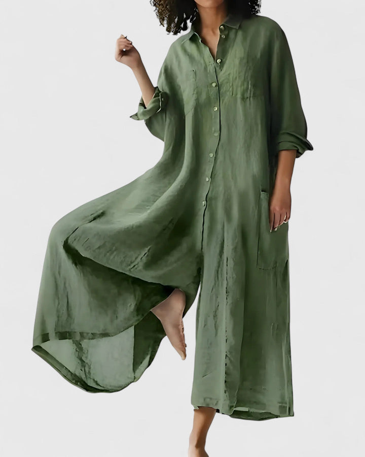 Flowy wide-leg jumpsuit dress for women, ideal for chic summer style or casual elegance. Comfortable and versatile.