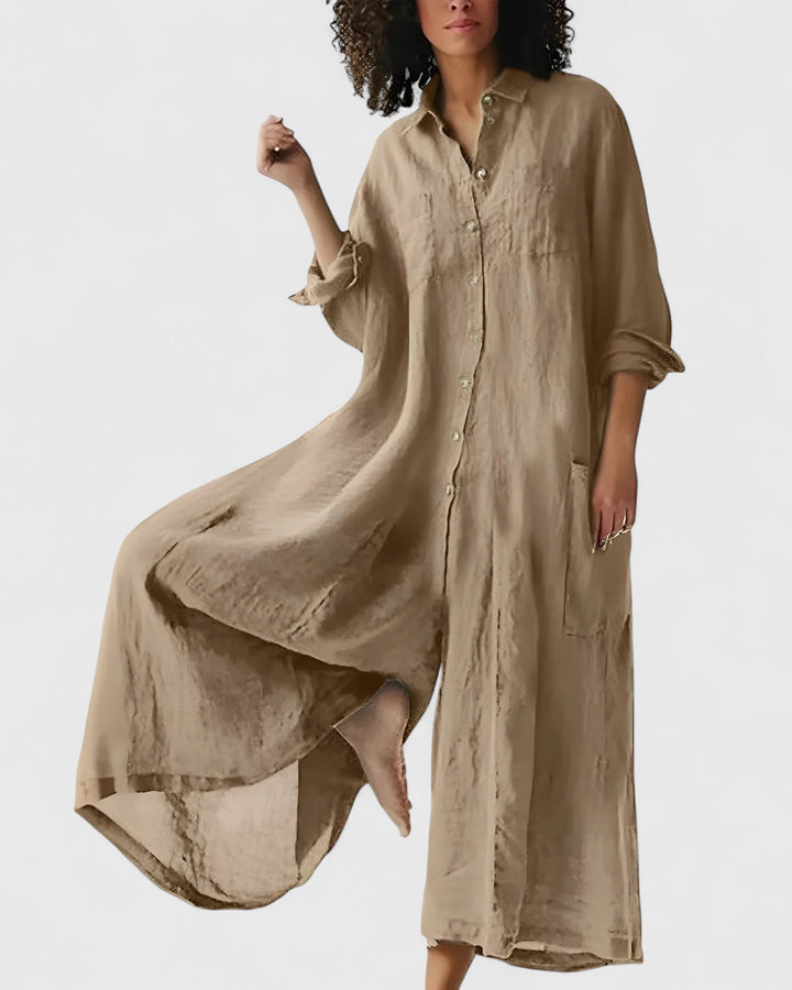 Women's versatile wide-leg jumpsuit, a comfortable one-piece dress for elegant casual wear. Effortless summer fashion.