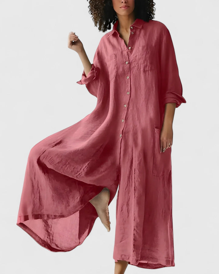 Stylish women's wide-leg jumpsuit dress, offering a relaxed fit for casual comfort or dressed-up elegance this summer.