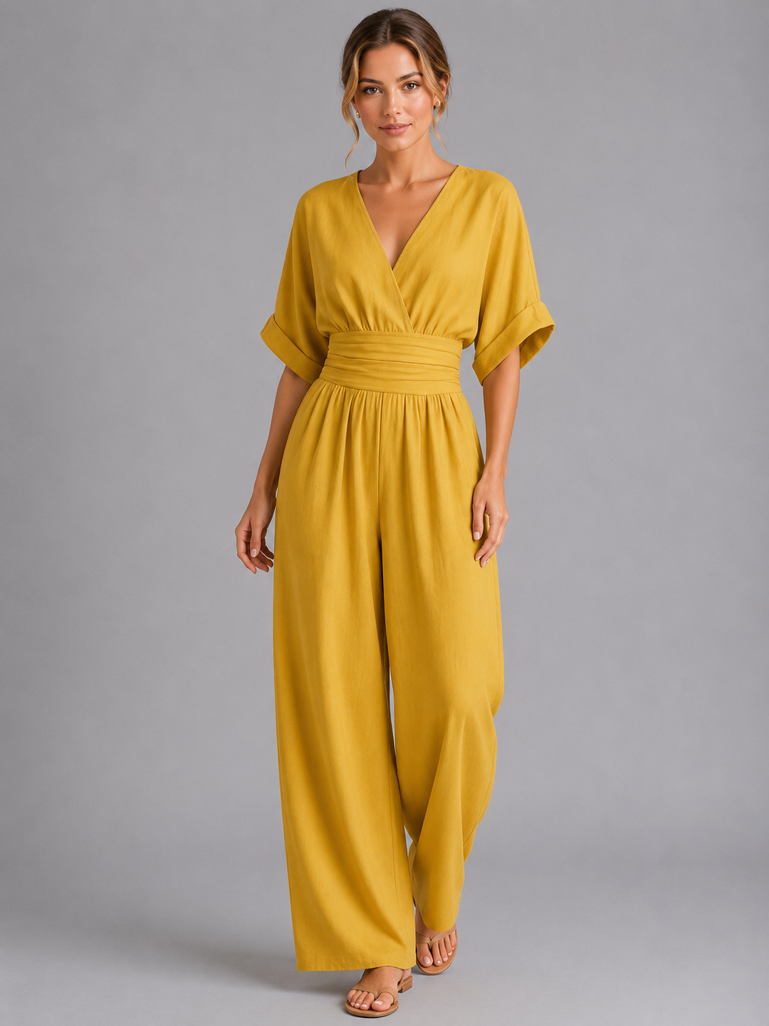 Chic women's jumpsuit featuring a flattering cinched waist and relaxed wide-leg design for an elegant silhouette.