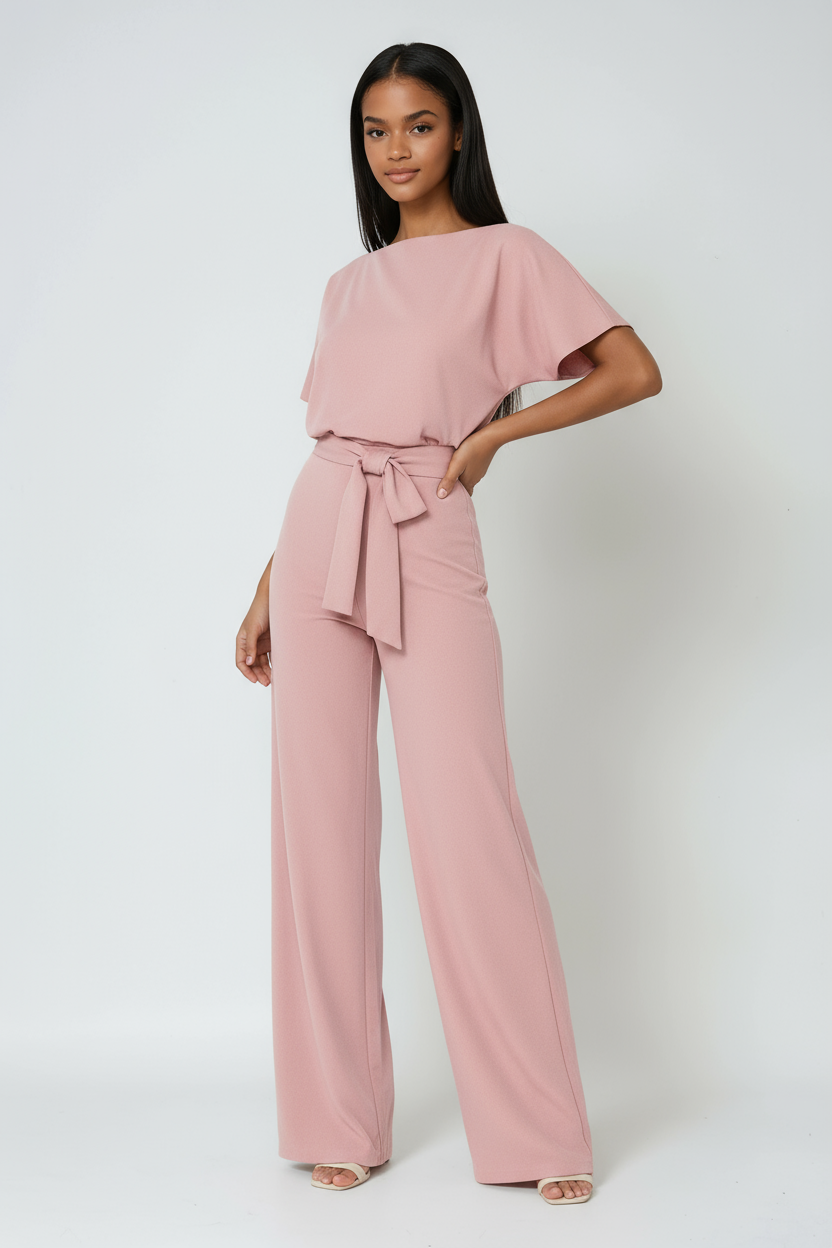 Close-up of the elegant tie-waist detail on a women's wide-leg jumpsuit, adding a chic, flattering silhouette.