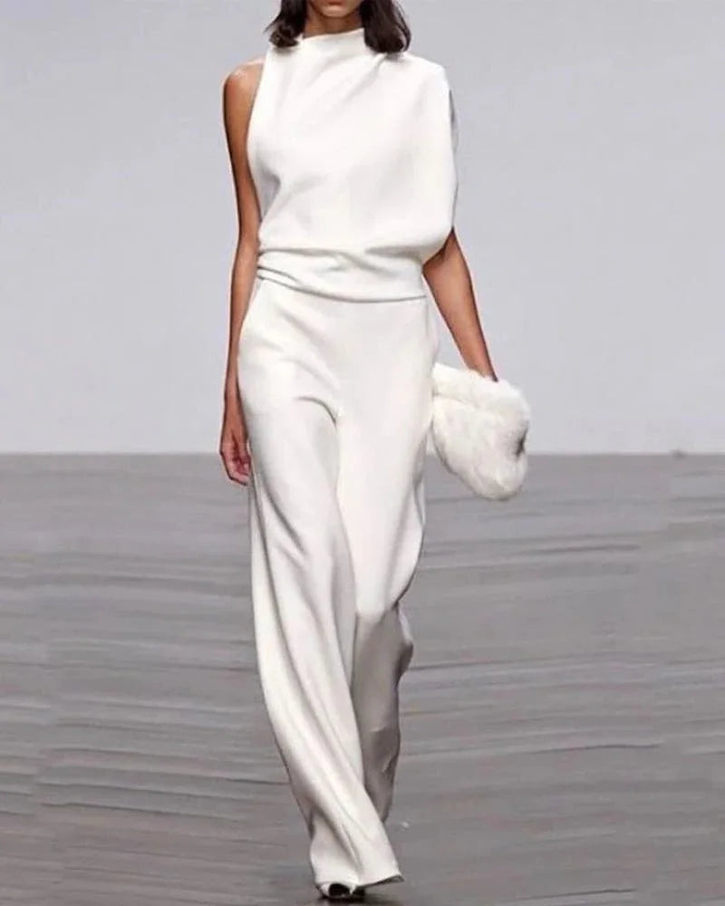 Elegant women's wide leg jumpsuit with mock neck, perfect for formal events & evening wear.