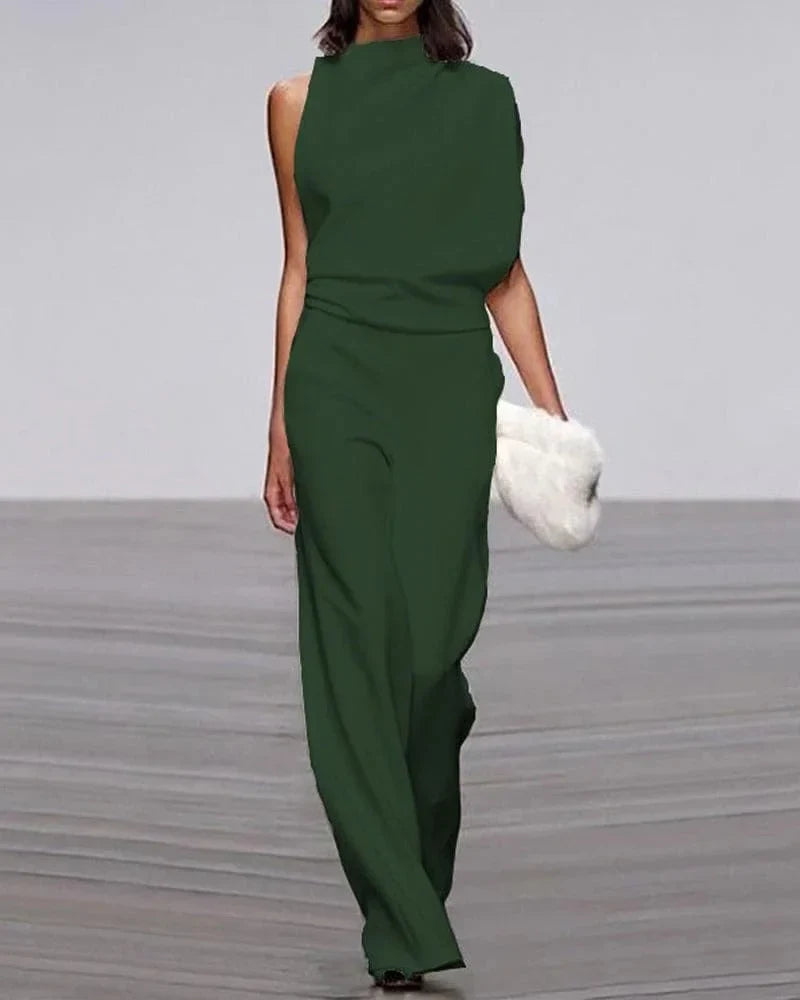 Chic sleeveless women's jumpsuit featuring a high mock neck and fashionable wide leg design.