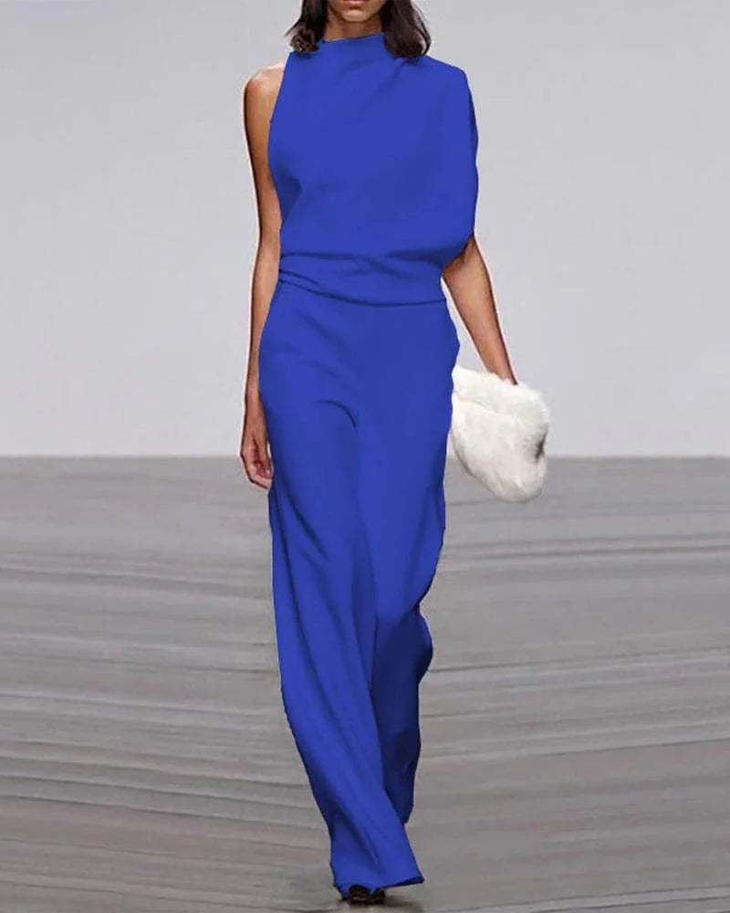 Formal women's wide leg jumpsuit with a sophisticated mock neck, designed for stylish party outfits.