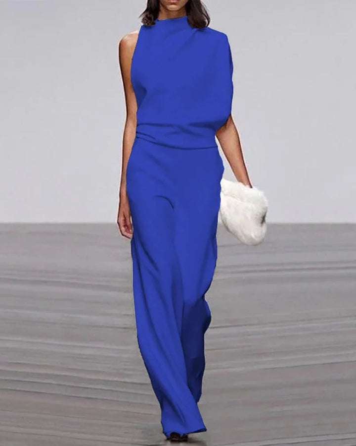 Formal women's wide leg jumpsuit with a sophisticated mock neck, designed for stylish party outfits.
