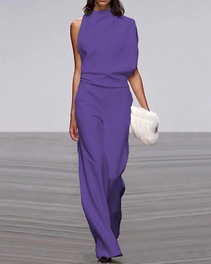 Sleeveless wide leg jumpsuit for women, featuring a chic mock neck, perfect for contemporary formal wear.