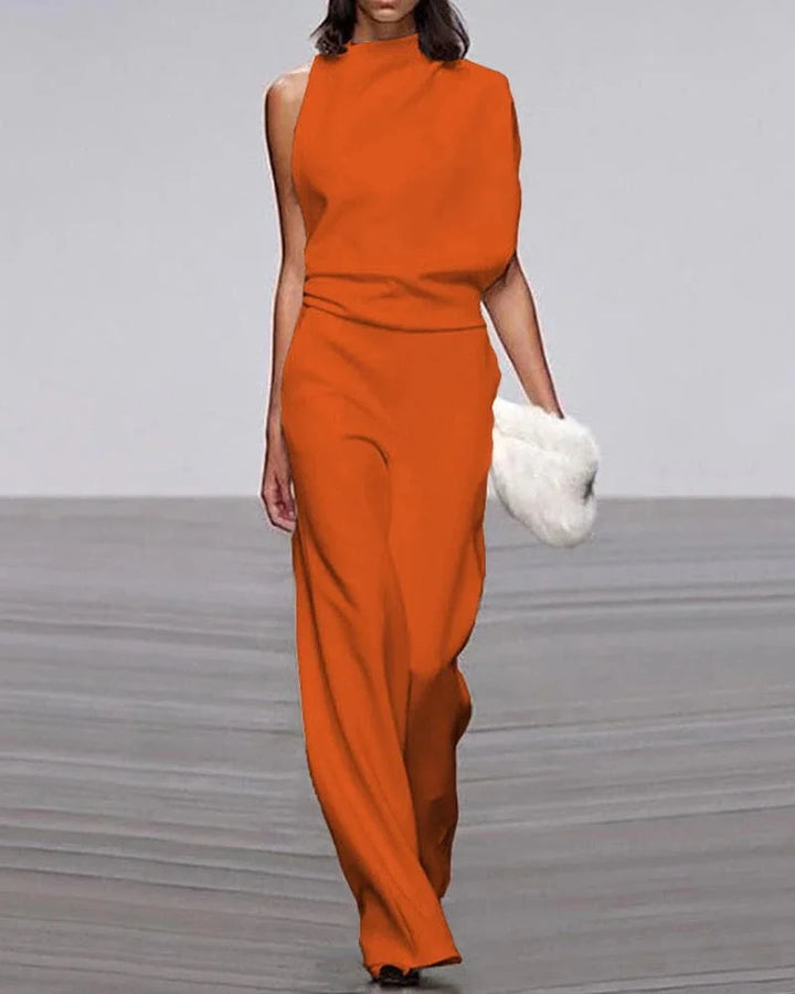 Stylish women's elegant wide leg jumpsuit with a mock neck, ideal for any formal occasion or evening out.