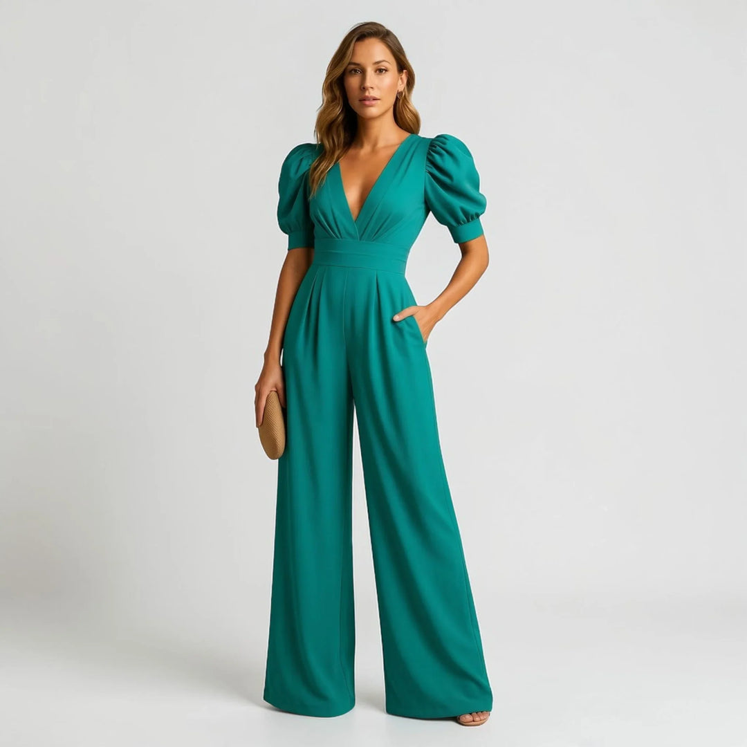 Sophisticated women's wide-leg jumpsuit featuring elegant puff sleeves, a refined choice for evening wear.