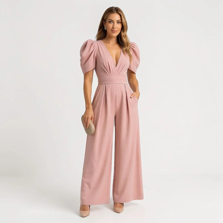Elegant women's wide-leg jumpsuit with stylish puff sleeves, perfect for formal party wear.
