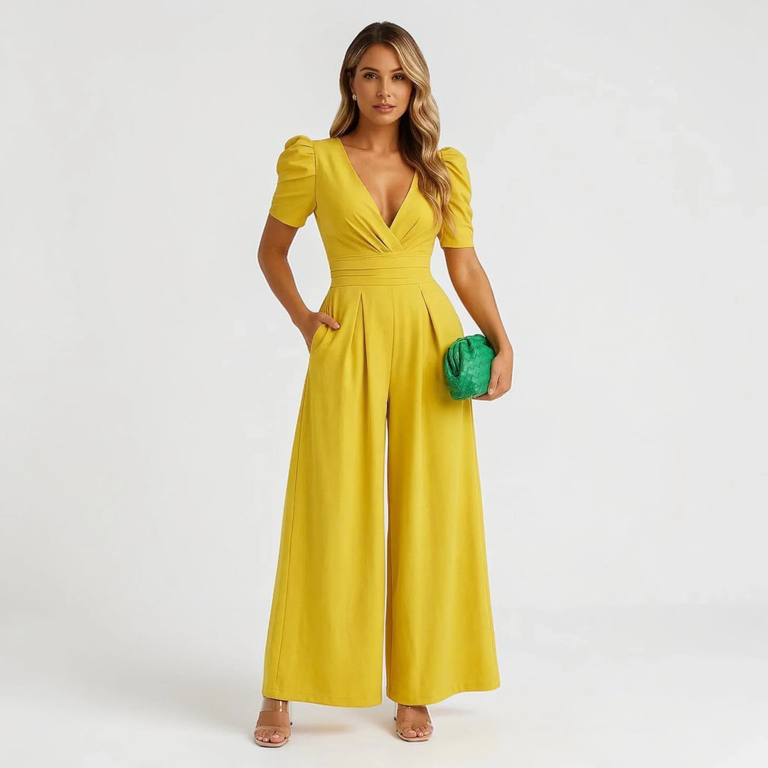 Chic women's wide leg jumpsuit with beautiful puff sleeves, ideal for formal evening fashion.