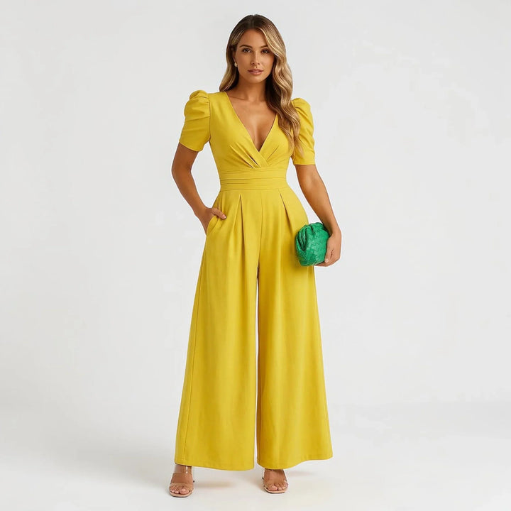 Chic women's wide leg jumpsuit with beautiful puff sleeves, ideal for formal evening fashion.