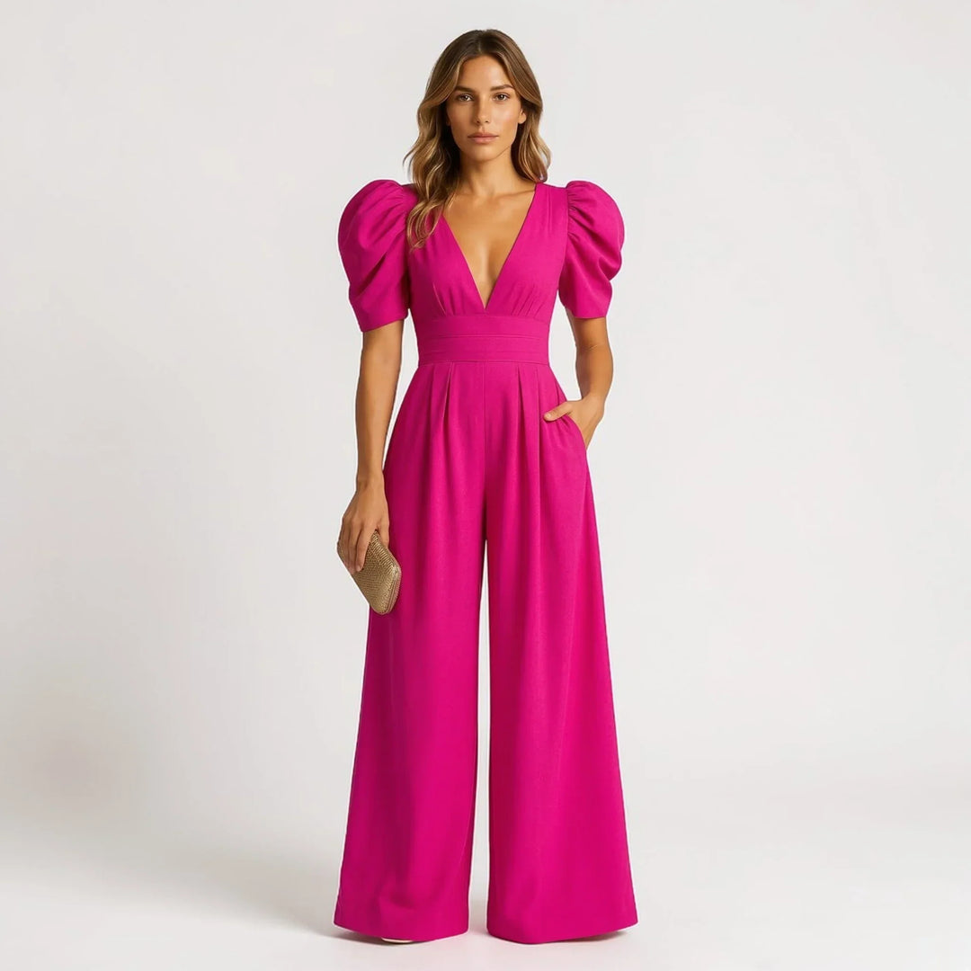 Trendy wide-leg jumpsuit for women with stylish puff sleeves, a must-have for evening wear.