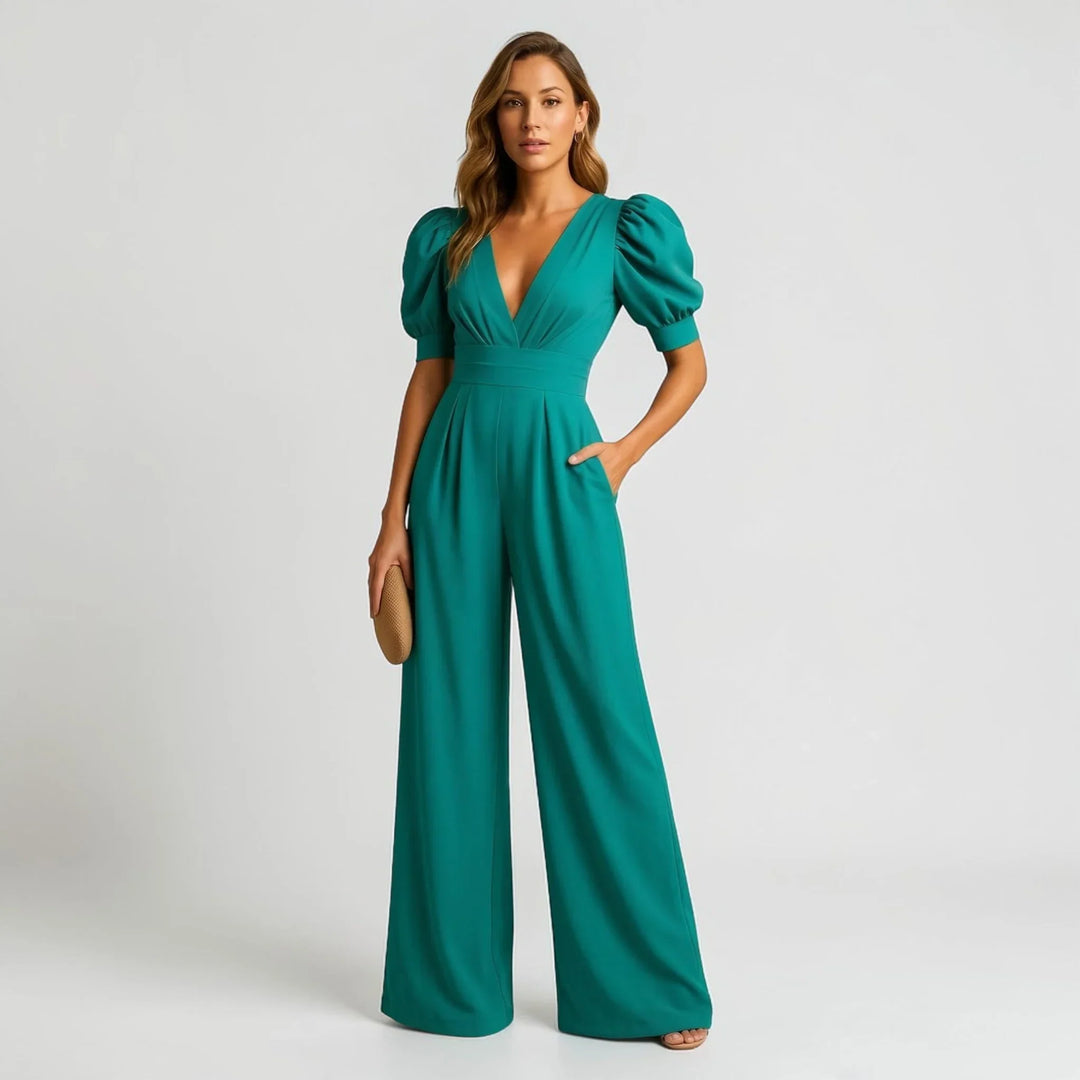 Stylish women's special occasion jumpsuit, wide-leg cut with elegant puff sleeves.