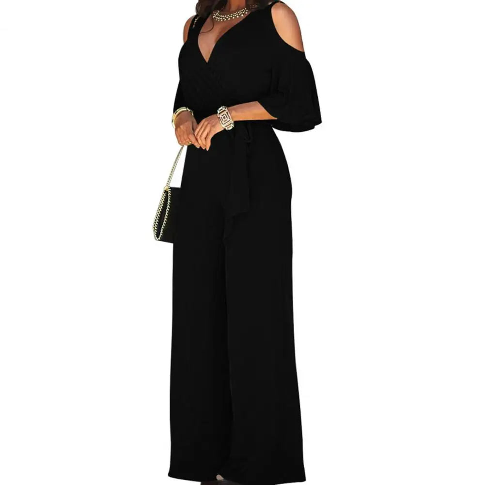 Elegant women's wide leg jumpsuit with stylish wrap front & long sleeves for a chic, comfortable look.