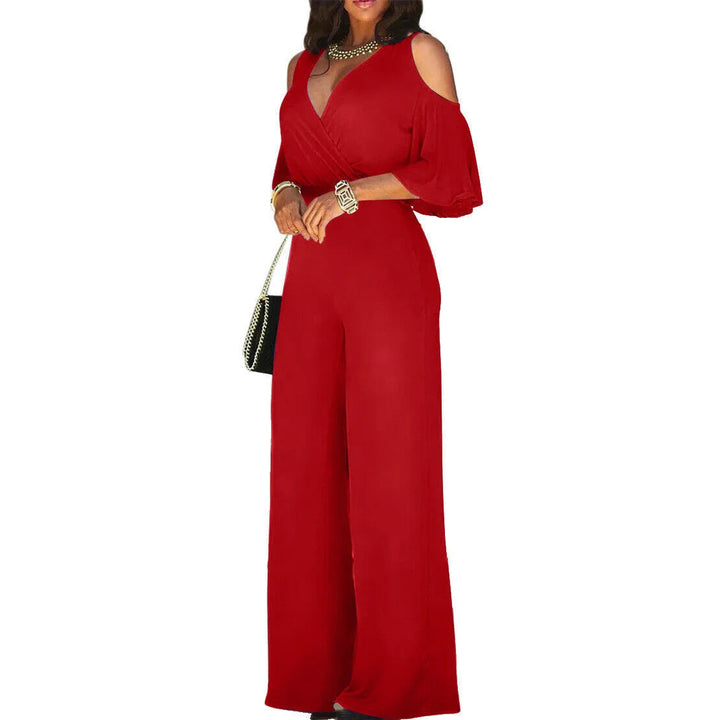 Stylish women's long sleeve wide leg jumpsuit showcasing an elegant wrap-front bodice, perfect for fashion.