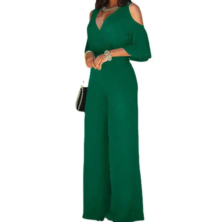 Versatile women's elegant wide leg jumpsuit with a sophisticated wrap front, great for formal & casual settings.