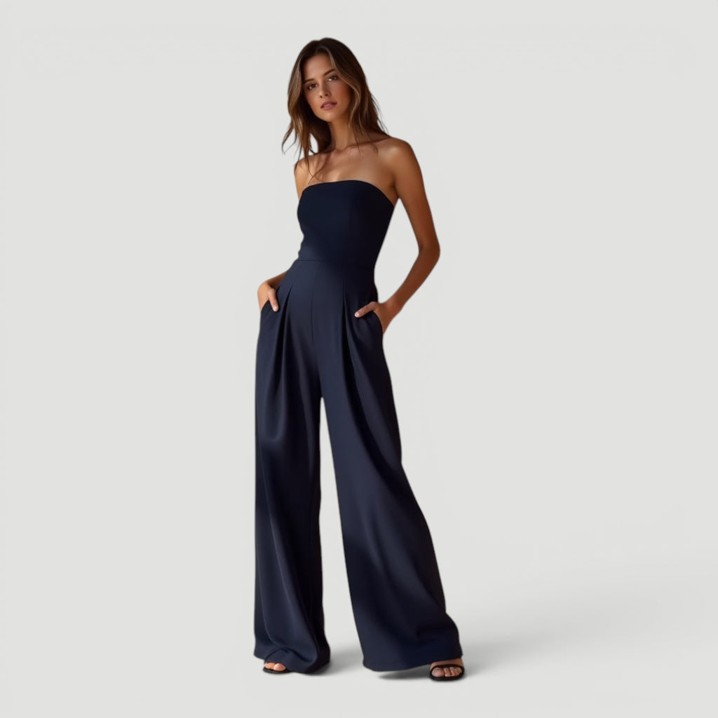 Elegant women's wide-leg strapless jumpsuit, perfect for chic evening wear & comfortable fashion events.