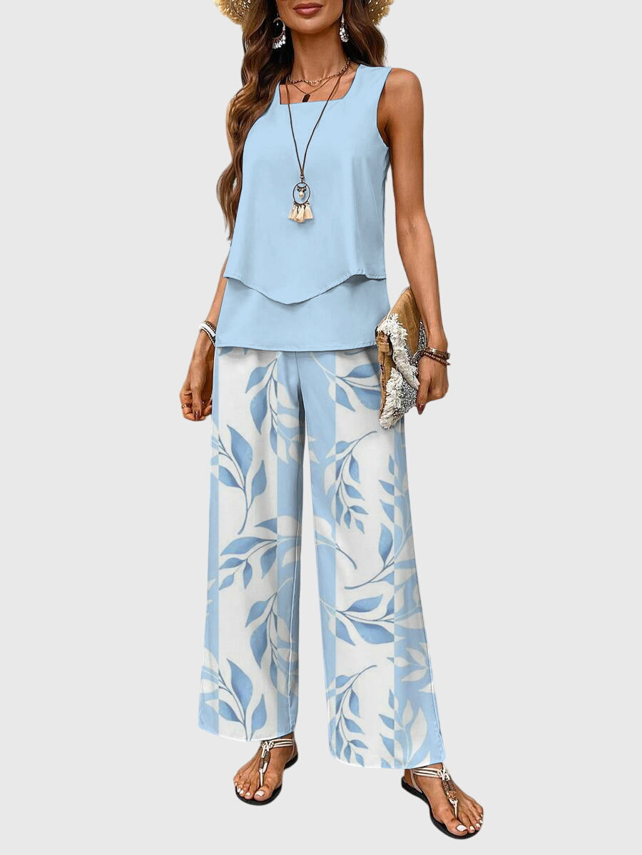 Elegant women's wide leg two-piece summer set with sleeveless top, perfect for resort or casual wear.