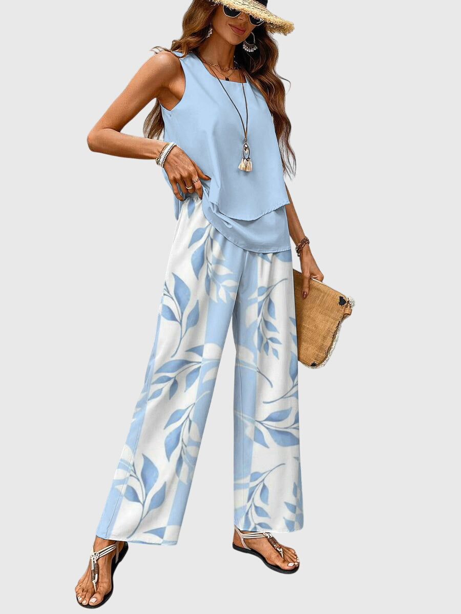 Fashionable women's two-piece set featuring a sleeveless top & relaxed fit wide leg palazzo pants for summer.