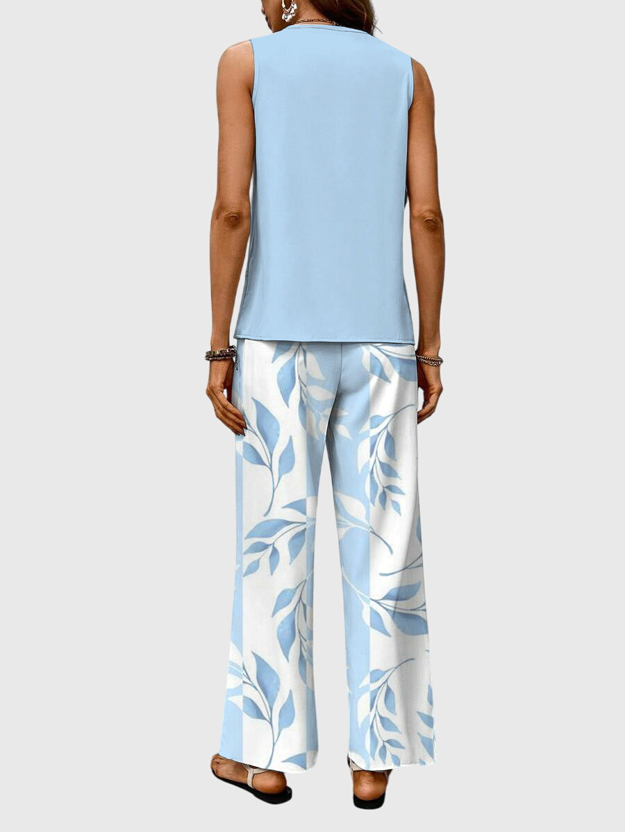 Comfortable women's wide leg summer set with a sleeveless top, ideal for casual outings & warm weather.