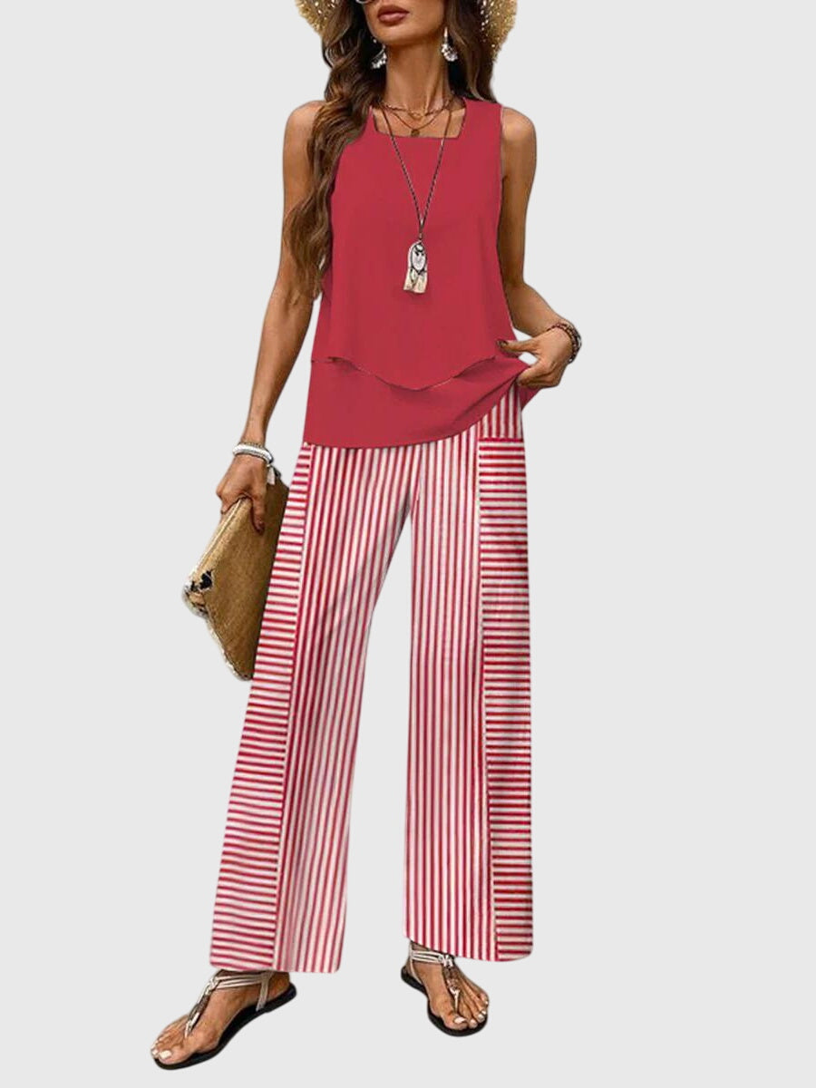 Stylish women's two-piece set with a sleeveless top and flowing wide leg palazzo pants for an elegant summer look.