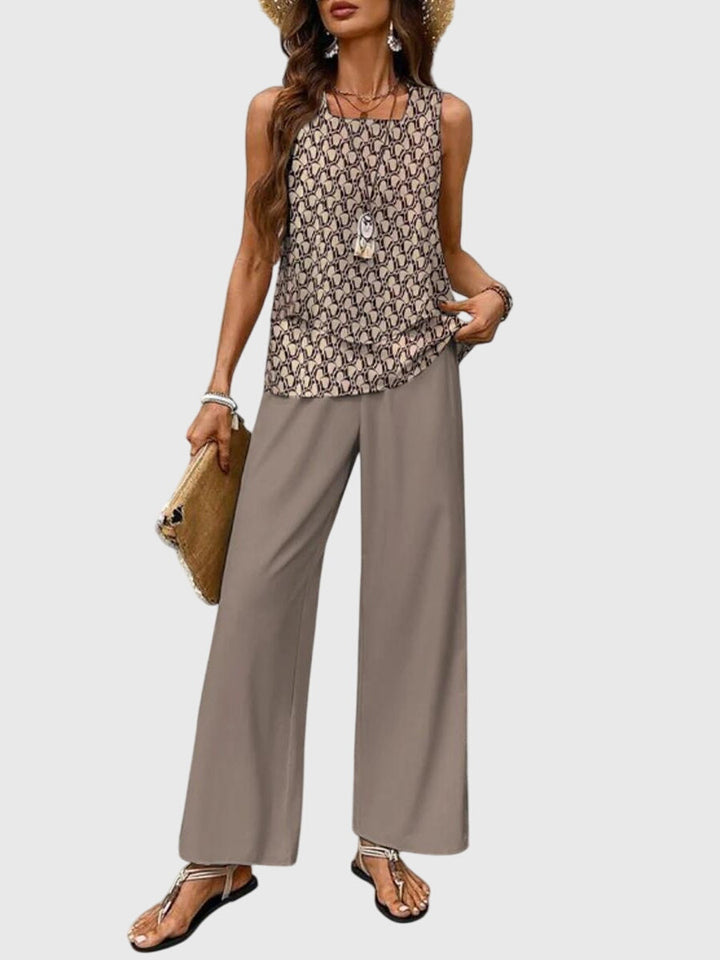Trendy women's sleeveless top and wide leg palazzo pants set, offering a relaxed and fashionable summer silhouette.