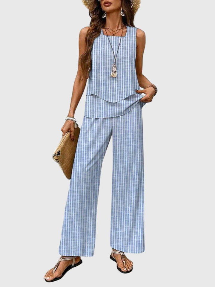 Chic women's two-piece summer set featuring a sleeveless top and comfortable wide leg palazzo pants.