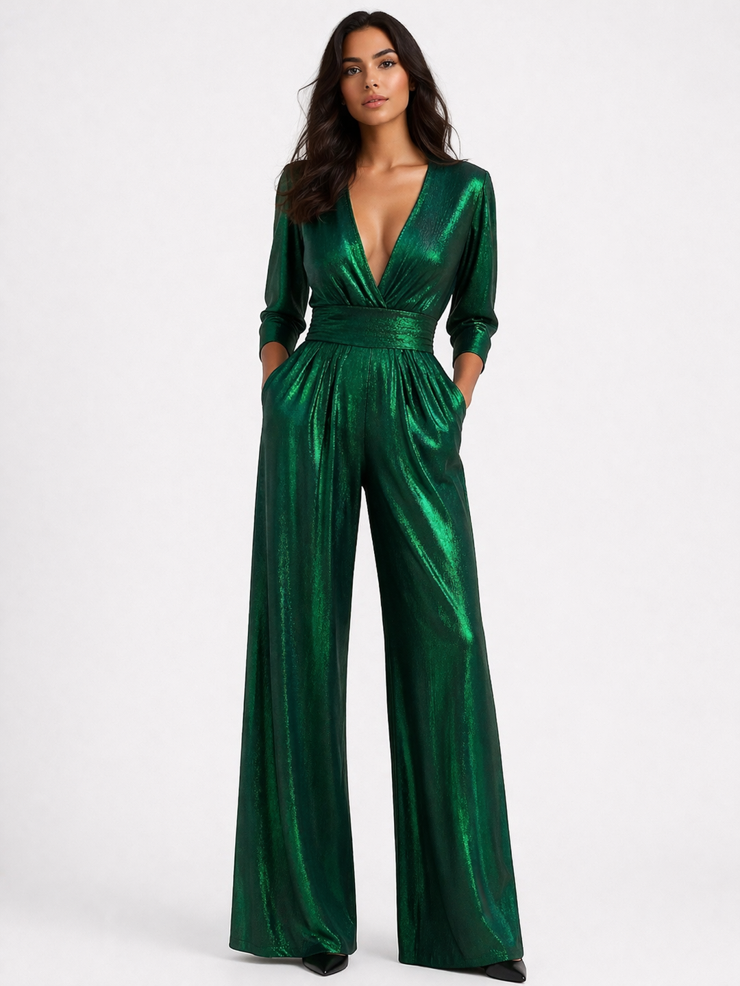 Elegant women's wide leg V-neck jumpsuit, perfect for evening wear, parties, and special occasions. Formal & stylish.