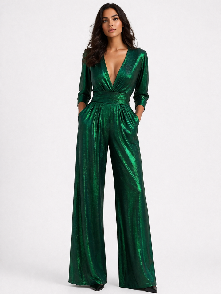 Elegant women's wide leg V-neck jumpsuit, perfect for evening wear, parties, and special occasions. Formal & stylish.
