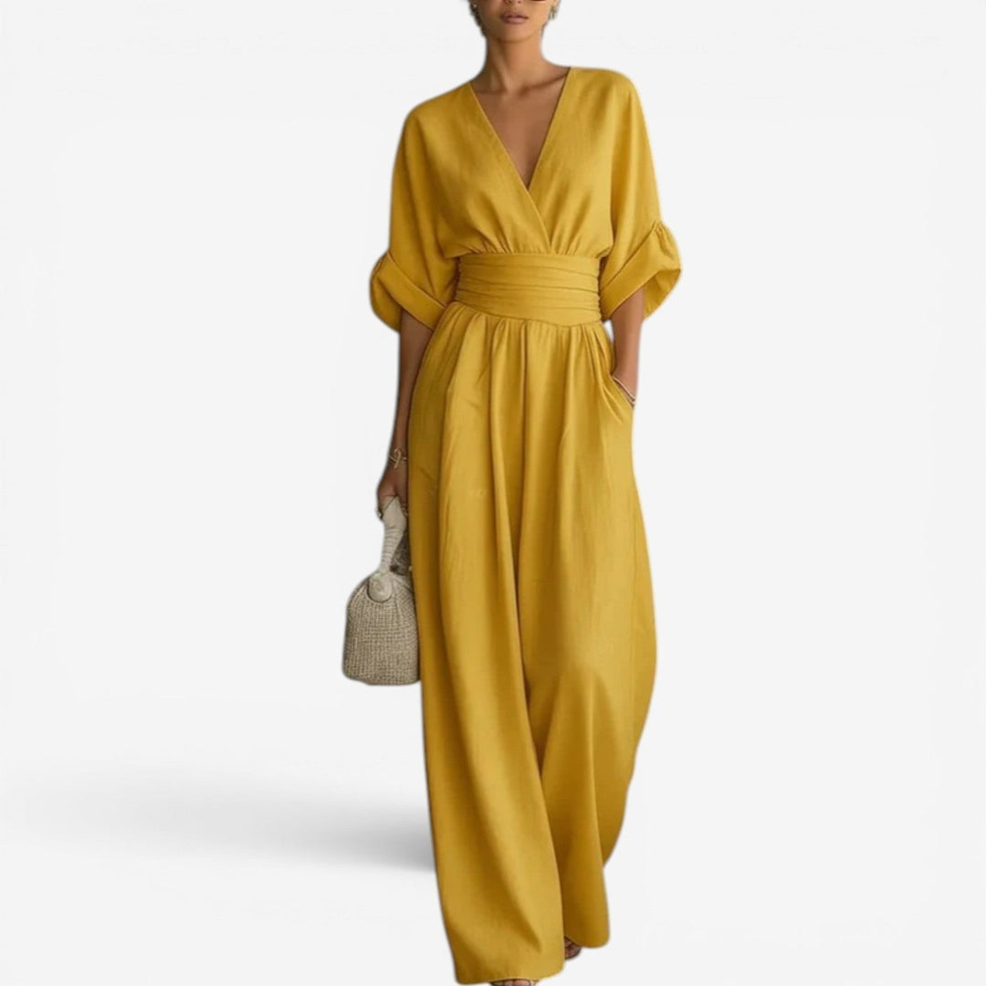 Versatile women's jumpsuit with V-neck & wide sleeves. Ideal for elegant occasion wear or chic casual summer fashion.