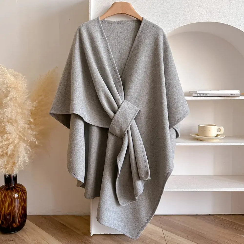 Elegant women's wind-resistant shawl coat. Luxurious open-front outerwear, perfect for fall and winter style.