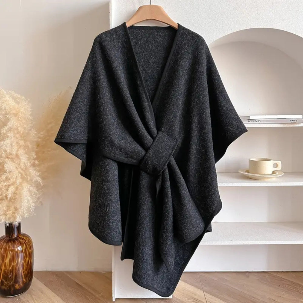 Versatile women's shawl coat, cozy and wind-resistant. Stylish open-front design for elegant fall and spring fashion.