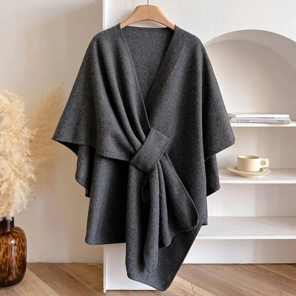 Luxurious women's open-front shawl coat. Elegant, wind-resistant outerwear, a stylish and cozy winter essential.