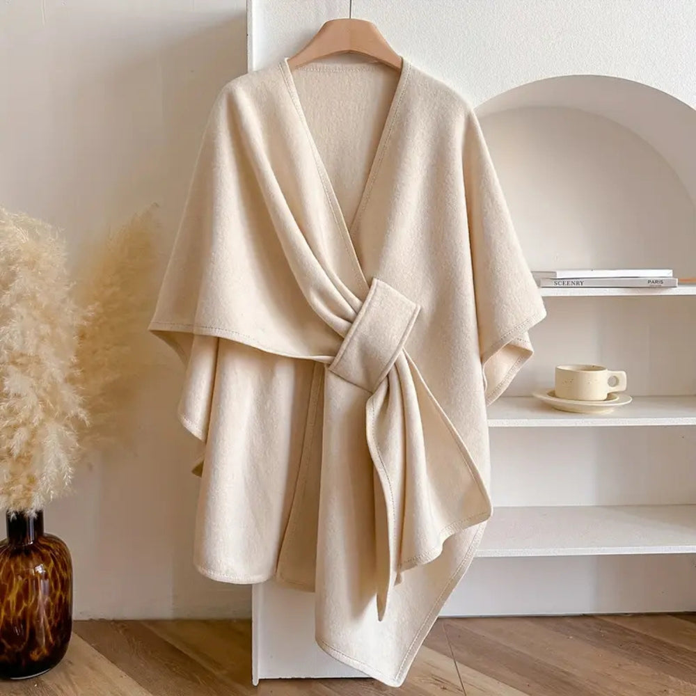 Stylish ladies wind-resistant shawl coat. Cozy open-front design, perfect elegant outerwear for fall, winter, spring.