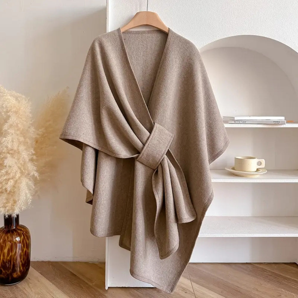 Stylish one-size women's shawl coat. Luxurious wind-resistant open-front outerwear for elegant fall & winter fashion.