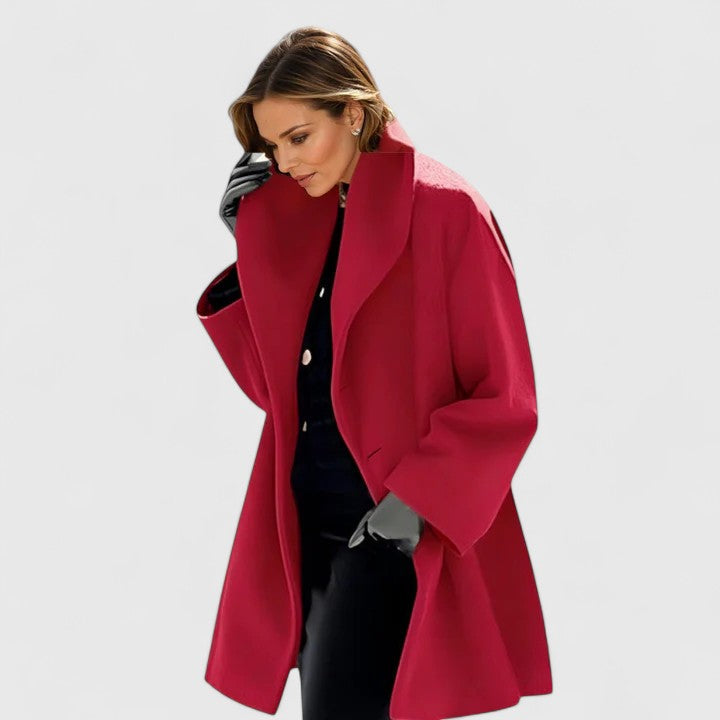 Close-up of a warm, windproof women's winter coat fabric. Stylish and minimalist outerwear for colder weather.