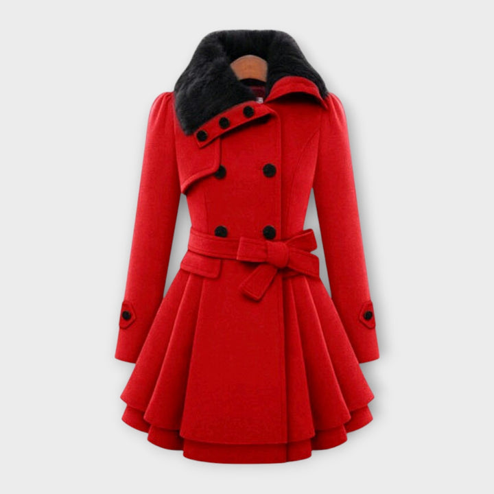 Flared elegant women's coat with a chic faux fur collar, ideal winter outerwear for a sophisticated look.